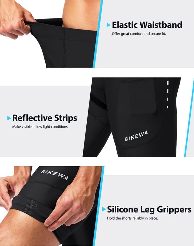 Bikewa Padded Bike Shorts for Men 4D Cycling Road Riding Biking Padding Bicycle Shorts with Phone Pockets