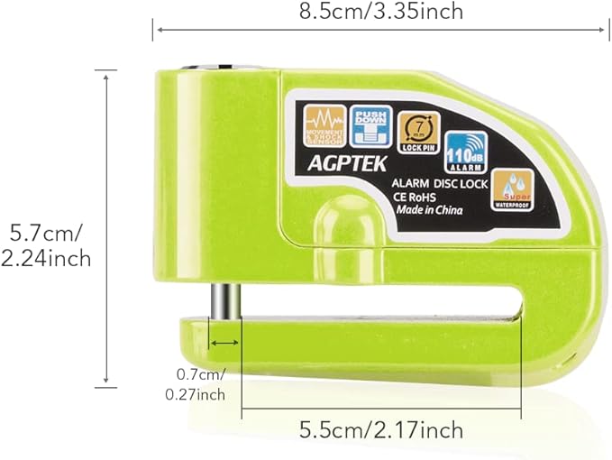AGPTEK 110db Motorcycle Brake Lock with 5FT Reminder Cable, Anti-Theft Padlock Waterproof with Lock Pin Carrying Bag for Motorcycle Bike Scooter, Green