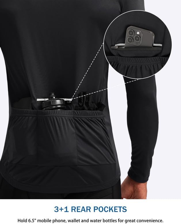 Bikewa Men's Cycling Jersey with 3+1 Rear Zipper Pockets Long Sleeve Moisture Wicking UPF 50+ Half Zip Riding Bike Shirts