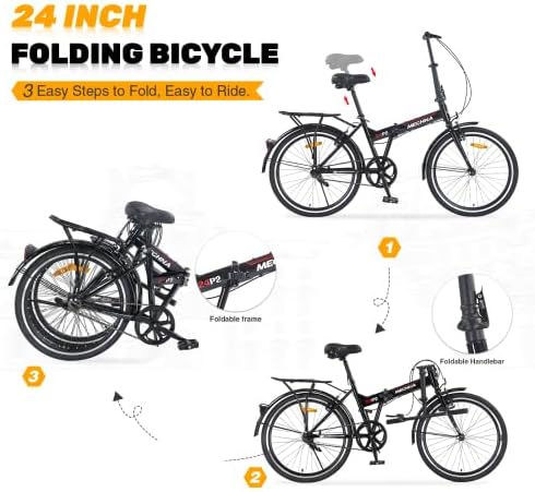 24 Inch Folding Bike for Adults with Fenders, Steel Frame Single Speed City Commuter, Dual V-Brake Portable Compact Bicycle for Men & Women