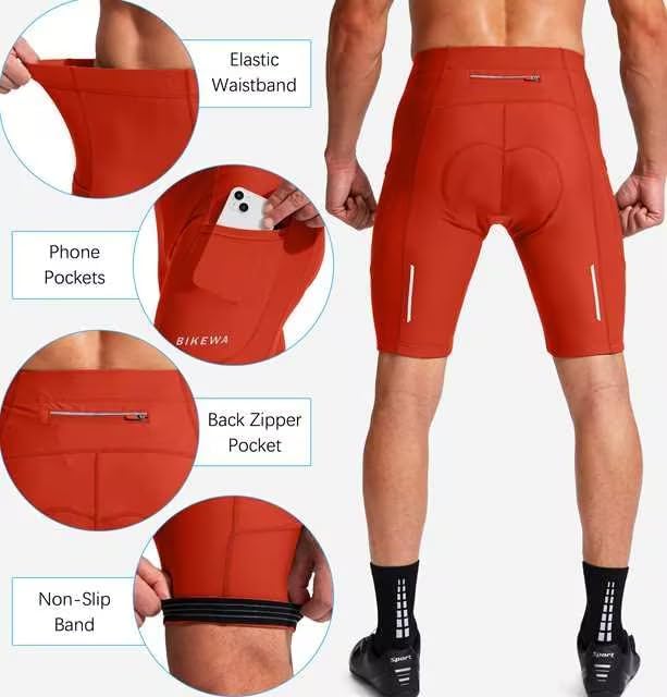 Bikewa Men's Bike Shorts 3D Padded Cycling Road Biking Mountain Riding Biker Bicycle UPF 50+ Cycle Shorts Zipper Pockets