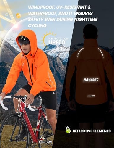 Nepest Cycling Rain Jacket Mens Waterproof Lightweight Packable Biking Windbreaker with Hood Raincoat for Running Hiking