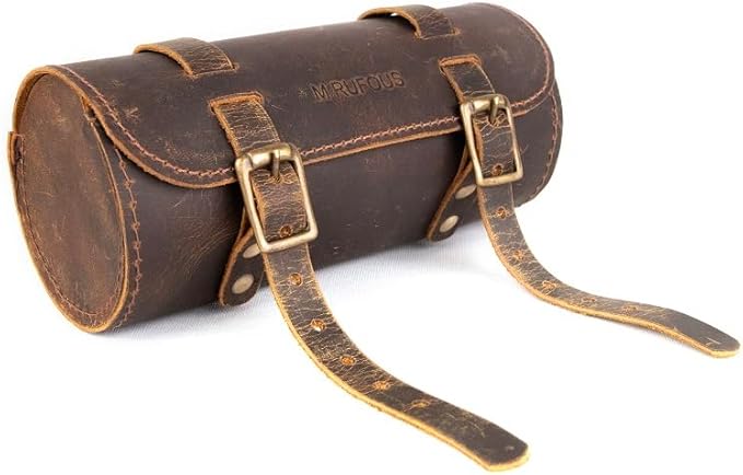 M RUFOUS Genuine Leather Under Seat Handlebar Bicycle Bag - Vintage Brown, Premium Handcrafted Bicycle Bag with Brass Buckle, Leather Bag for Cell Phone (Free Waterproof Cover)