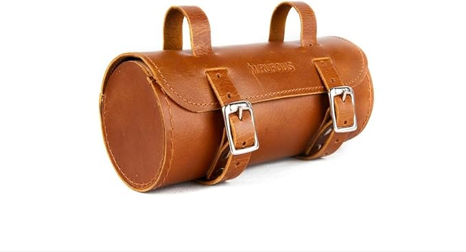 M RUFOUS Genuine Leather Under Seat Handlebar Bicycle Bag - Brown, Premium Handcrafted Bicycle Bag with Brass Buckle, Leather Bag for Cell Phone (Free Waterproof Cover)