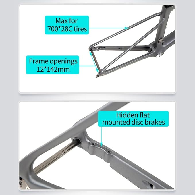 700C Road Bike Frameset 45 48 50 52 54CM Climbing Bike Frame Disc Brake Carbon Fiber Bike Frames Thru Axle F12×100mm R12×142mm(White,45CM)
