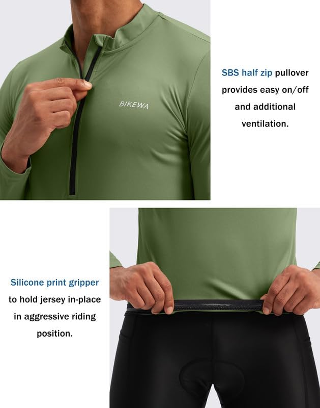 Bikewa Men's Cycling Jersey with 3+1 Rear Zipper Pockets Long Sleeve Moisture Wicking UPF 50+ Half Zip Riding Bike Shirts