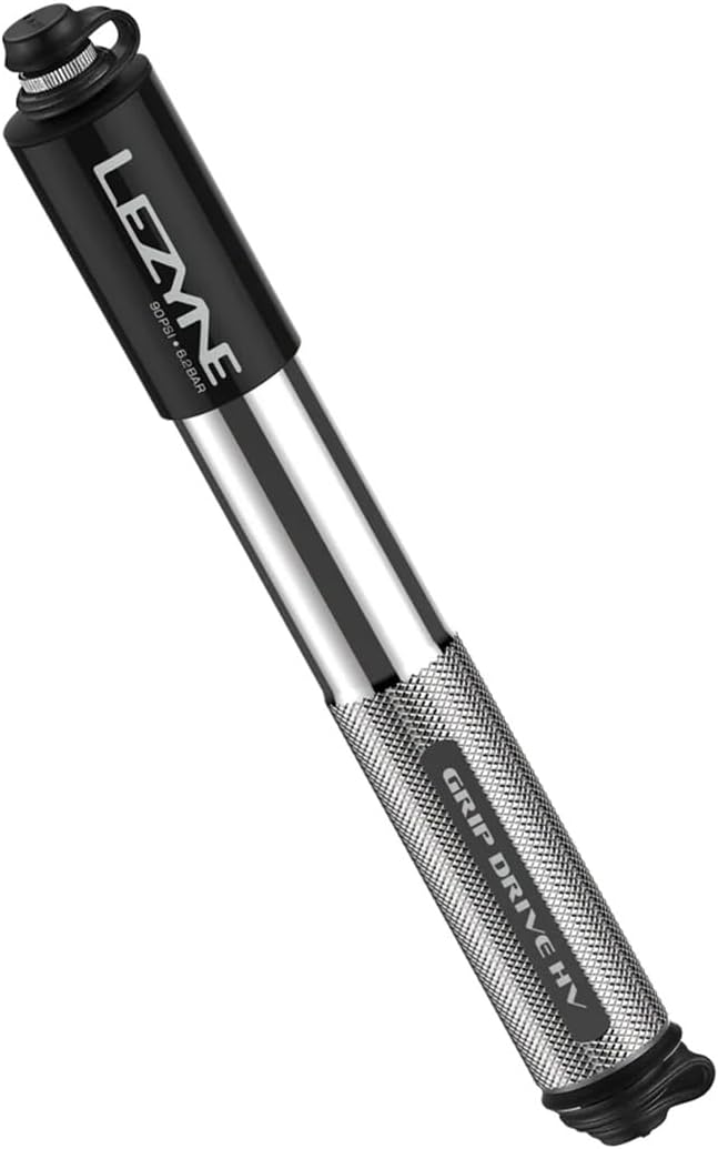 LEZYNE Grip Drive HV High Volume Bike Hand Pump | 90 PSI CNC-Machined Aluminum Mini Bicycle Pump for MTB & Gravel Tires, ABS Flex Hose, Presta & Schrader Compatible, Frame Mount Included