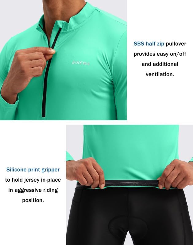 Bikewa Men's Cycling Jersey with 3+1 Rear Zipper Pockets Long Sleeve Moisture Wicking UPF 50+ Half Zip Riding Bike Shirts