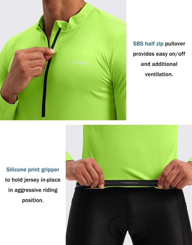Bikewa Men's Cycling Jersey with 3+1 Rear Zipper Pockets Long Sleeve Moisture Wicking UPF 50+ Half Zip Riding Bike Shirts