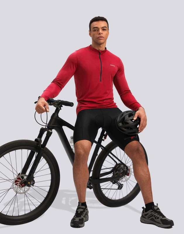 Bikewa Men's Cycling Jersey with 3+1 Rear Zipper Pockets Long Sleeve Moisture Wicking UPF 50+ Half Zip Riding Bike Shirts