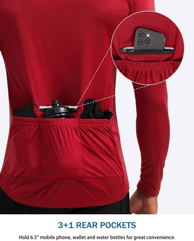 Bikewa Men's Cycling Jersey with 3+1 Rear Zipper Pockets Long Sleeve Moisture Wicking UPF 50+ Half Zip Riding Bike Shirts