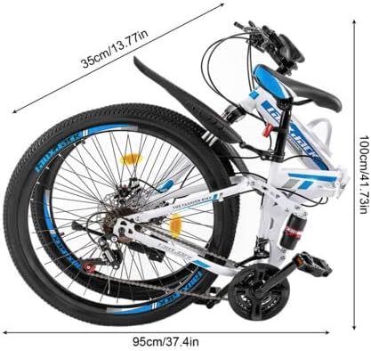 26 Inch Folding Mountain Bike, 21 Speed Full Suspension High-Carbon Steel MTB Foldable Bicycle, Dual Disc Brake Non-Slip Folding Bikes, Mountain Bicycle for Adults/Men/Women