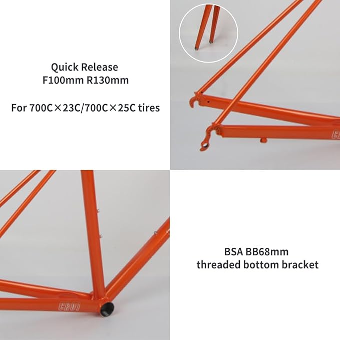 44cm 47cm 50cm 53cm 56cm Bike Frameset 700C Road Bike Frame Chrome-Molybdenum Steel C/Rim Brake Frame with Carbon Fork F100mm R130mm QR BSA BB68mm(Gray B,50cm)