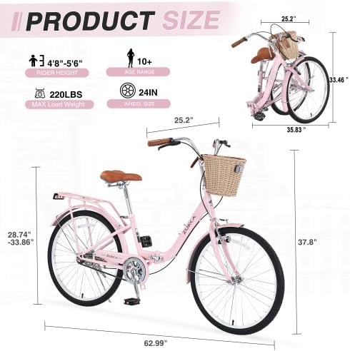 24 Inch/26 Inch Single Speed Folding Lady Bike, Durable Steel Frame,Compact Design for Easy Storage and Commuting