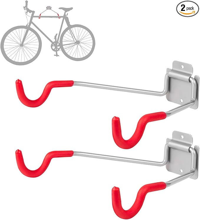 Bike Wall Mount Hangers，EVA Foam Padded Bicycle Hooks-Flip-Up Garage Bicycle Rack for Mountain, Road, and Kids Bikes Rack Holders 2 Pack Silver, Red