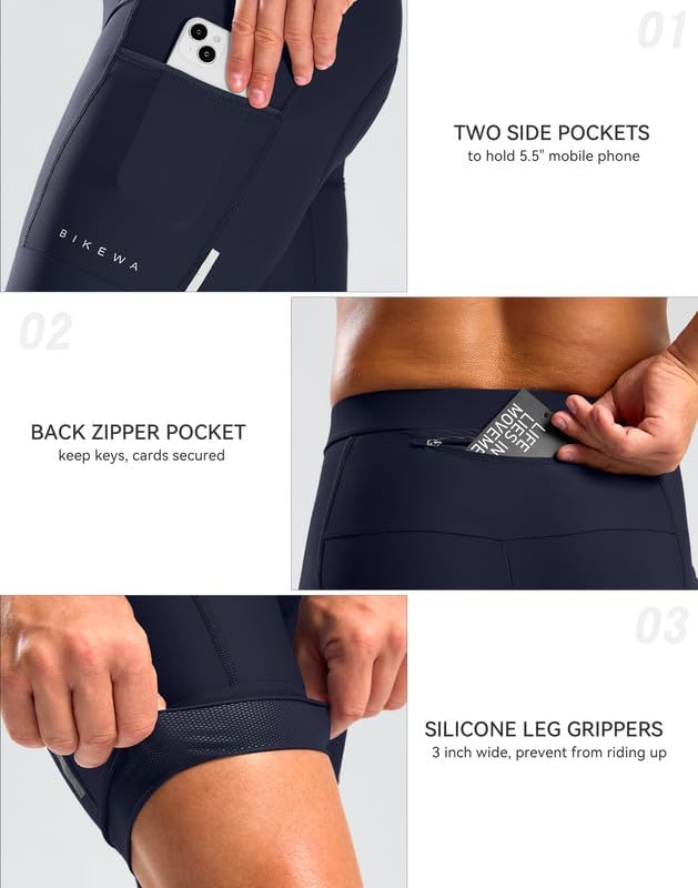 Bikewa Men's Bike Shorts 4D Padded Cycling Shorts for Men Road Riding Biking Bicycle Zipper Pockets