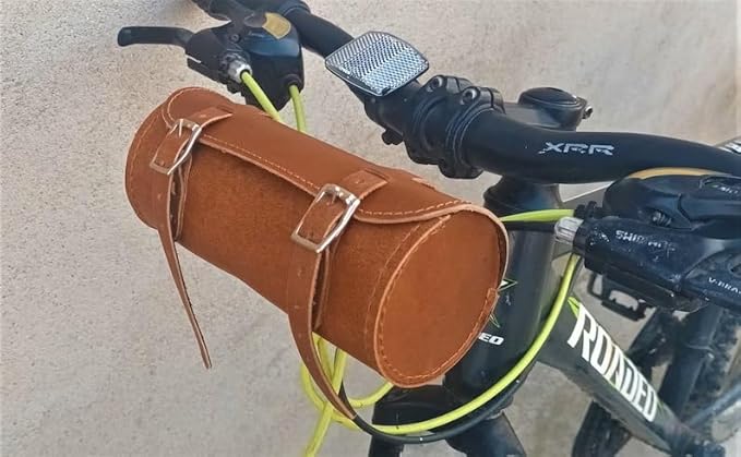 M RUFOUS Genuine Leather Under Seat Handlebar Bicycle Bag - Brown, Premium Handcrafted Bicycle Bag with Brass Buckle, Leather Bag for Cell Phone (Free Waterproof Cover)