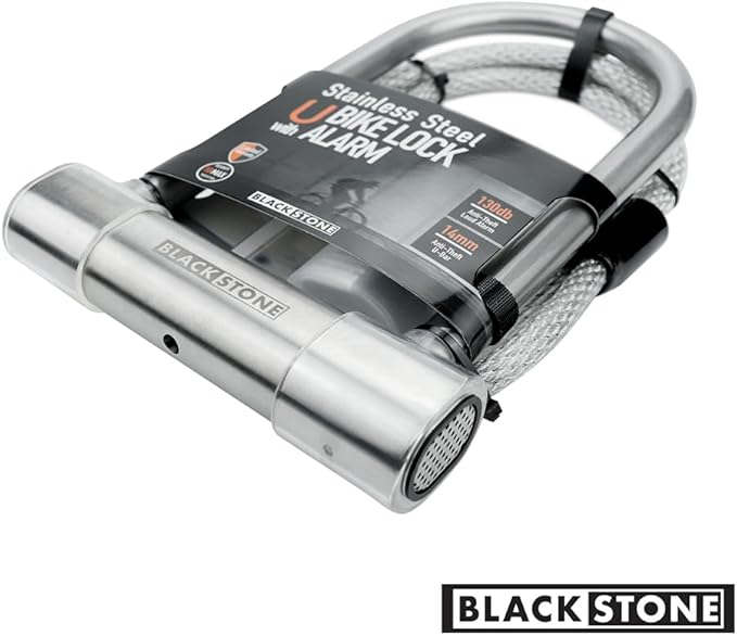 BLACKSTONE Stainless Steel U Bike Lock - 130dB Alarm, Reinforced 14mm Shackle - Ideal for Urban Cyclists & E-Bikes w/Double-Looped Steel Cable