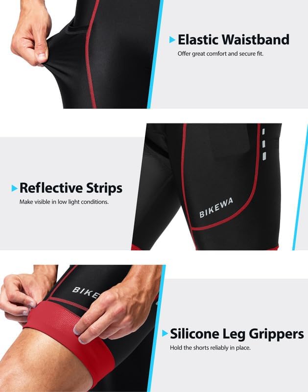 Bikewa Padded Bike Shorts for Men 4D Cycling Road Riding Biking Padding Bicycle Shorts with Phone Pockets