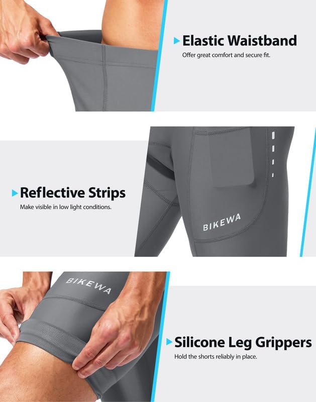 Bikewa Padded Bike Shorts for Men 4D Cycling Road Riding Biking Padding Bicycle Shorts with Phone Pockets