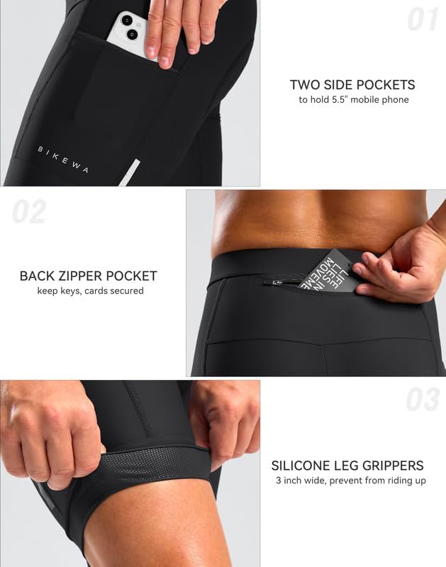 Bikewa Men's Bike Shorts 4D Padded Cycling Shorts for Men Road Riding Biking Bicycle Zipper Pockets