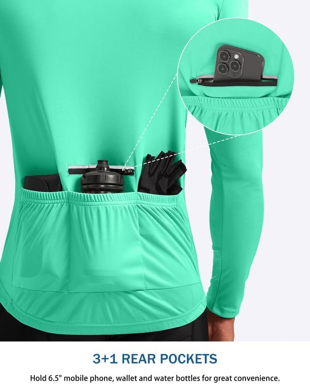 Bikewa Men's Cycling Jersey with 3+1 Rear Zipper Pockets Long Sleeve Moisture Wicking UPF 50+ Half Zip Riding Bike Shirts
