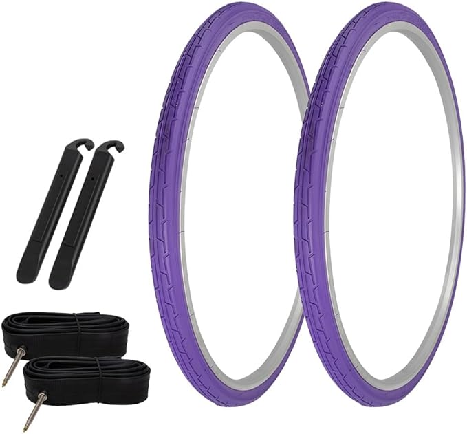 PRO+ Pair of Bicycle TIRE 700 X 35 Purple/Purple SIDEWALL (2) Tires W/Tubes 60MM Presta Valve & TIRE LEVERS P-1180