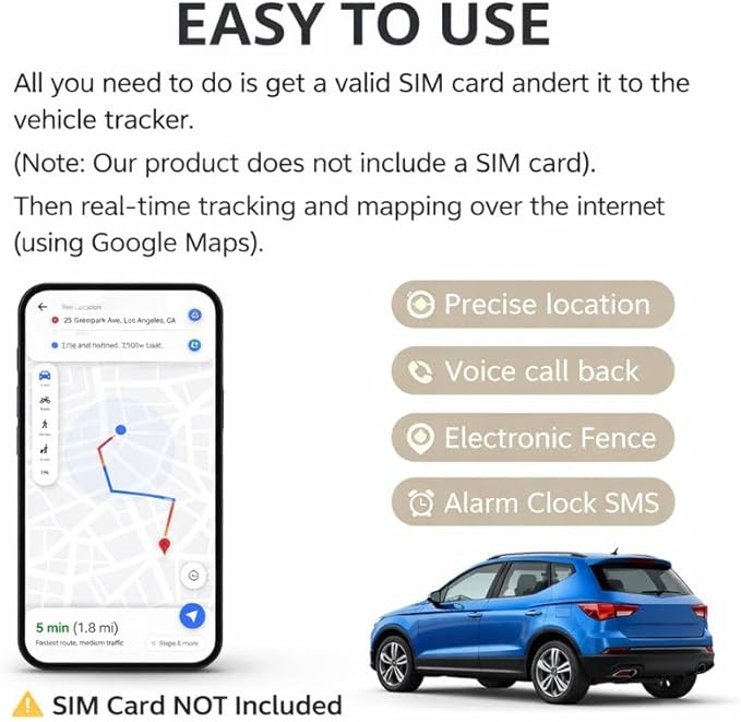 GPS Tracker for Vehicles – No Subscription, SIM Card Not Included (Self-Provided), Free App for Real-Time Tracking, Speed Alerts, Vibration Notifications, Electronic Fence, Hidden Car Tracker