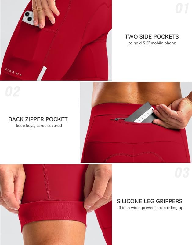 Bikewa Men's Bike Shorts 4D Padded Cycling Shorts for Men Road Riding Biking Bicycle Zipper Pockets