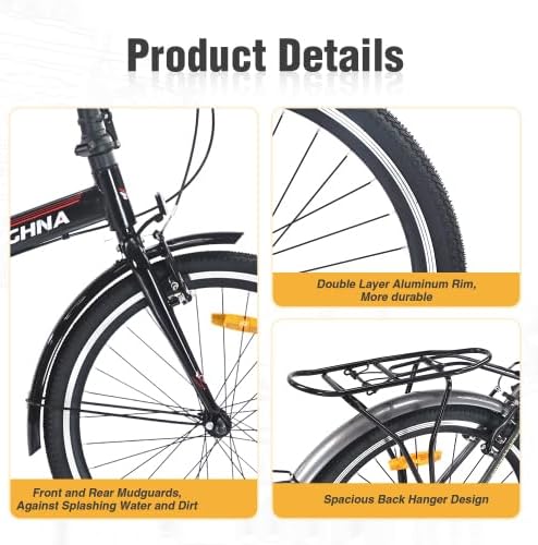 24 Inch Folding Bike for Adults with Fenders, Steel Frame Single Speed City Commuter, Dual V-Brake Portable Compact Bicycle for Men & Women