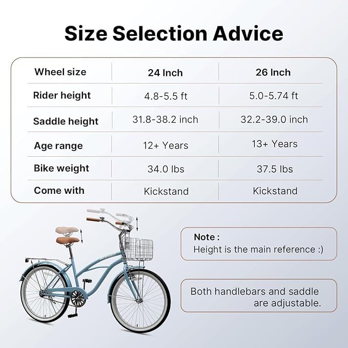 ACEGER 24 26 Inch Women Beach Cruiser Bike, Single Speed and 7 Speed, Adult Hybrid Bike Commuter Bicycle, Hi-Ten Steel Frame with Adjustable Handlebar and Saddle, Multiple Colors