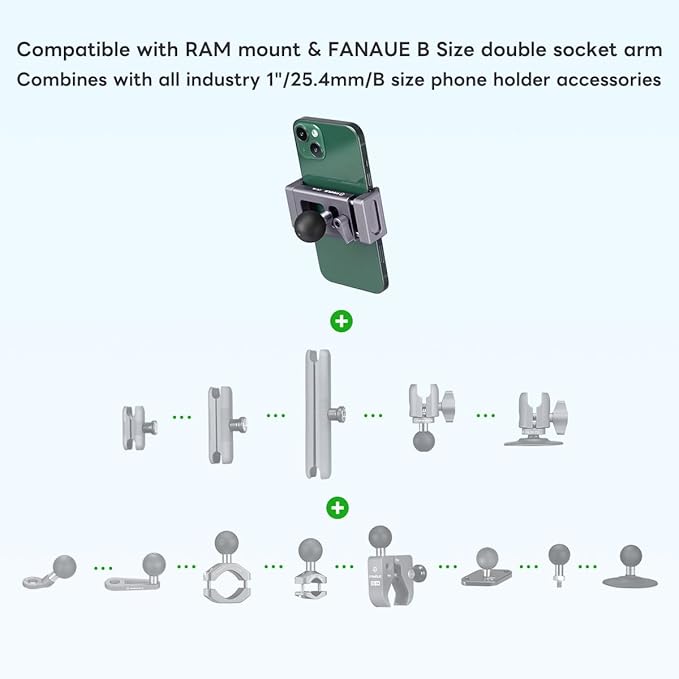 FANAUE Aluminum Motorcycle Phone Holder with 1" Ball Head Adapter Compatible with RAM mounts B Size Double Socket arm & Bike Handlebar Cell Phone Mount for 6-8.5" Smartphone