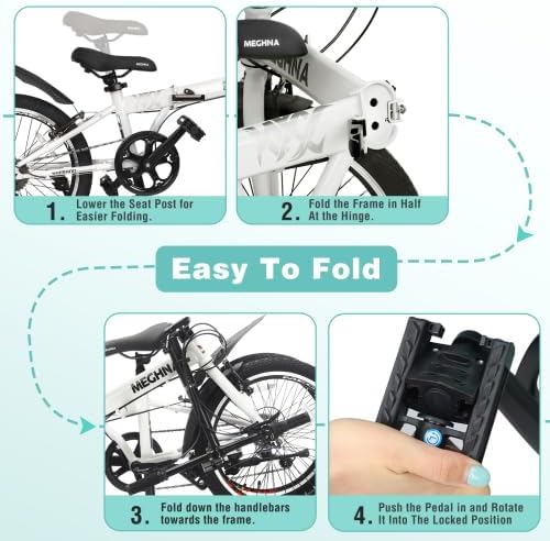 20 Inch Folding Bike for Adults with Basket, Phone Holder & Fenders, Steel Frame 6-Speed City Commuter, Dual V-Brake Portable Compact Bicycle for Men & Women