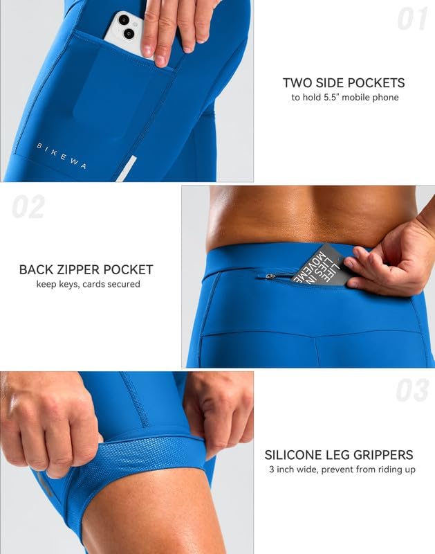 Bikewa Men's Bike Shorts 4D Padded Cycling Shorts for Men Road Riding Biking Bicycle Zipper Pockets