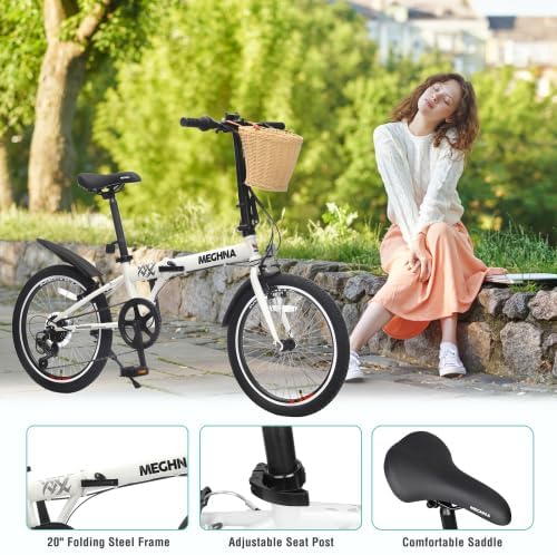20 Inch Folding Bike for Adults with Basket, Phone Holder & Fenders, Steel Frame 6-Speed City Commuter, Dual V-Brake Portable Compact Bicycle for Men & Women