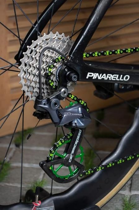 PYC SP1101 11-Speed Bike Chain, 116 Links (116L), Super Lightweight Hollow-Pin Bicycle Chain for Mountain (MTB) & Road Bikes, Compatible with Shimano, SRAM, Campagnolo (DLC Green)