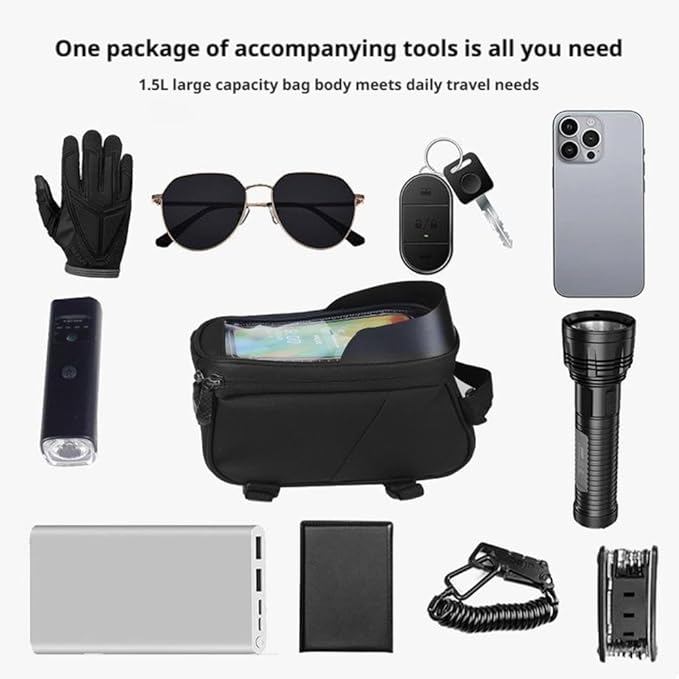 Bike Frame Bag Waterproof - Top Tube Frame Pouch, Cycling Pouch with Rain Cover, Fits Up to 6.5" Touchscreen Window, Storage Straps (black)