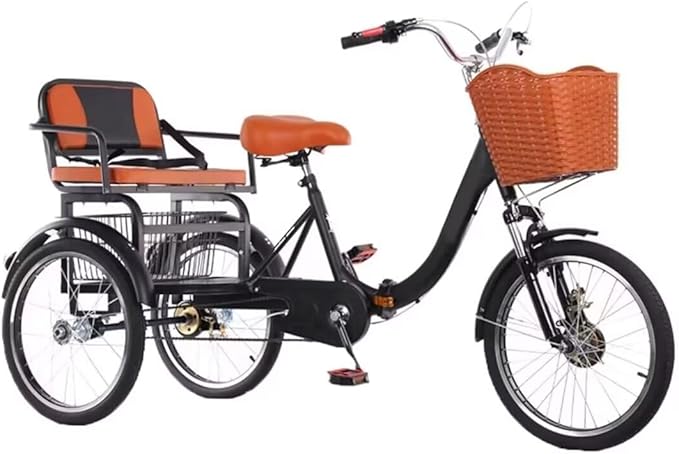 20 inch Folding Tricycle, Outdoor Cruiser Bikes with Passenger seat, 3 Wheel Bike, Large Pedal Tricycles with Inflatable Wheel, Tandem Bicycle, Ride-on trikes for s,Black 20inch