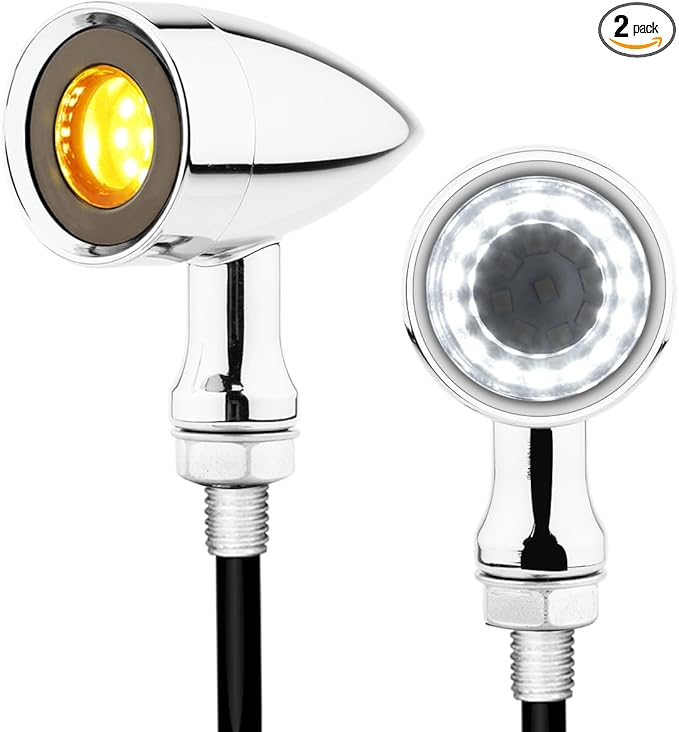 Motorcycle LED Turn Signals Front Blinkers with Running Light, Universal Bullet Indicator Lamps for Cruiser Chopper Street Bike Bobber (Chrome-White and Amber Light)
