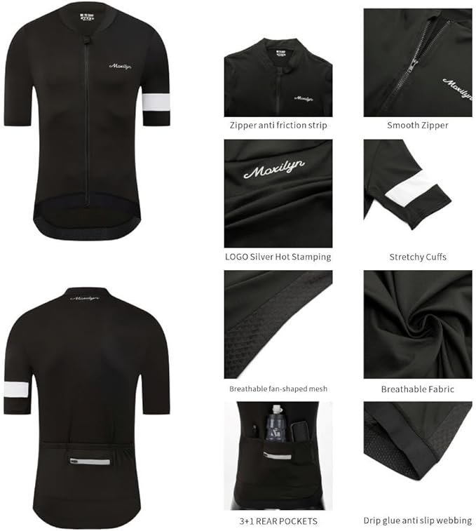 MOXILYN Men's Cycling Jerseys Road Bike Shirts Short Sleeve Full Zipper with 4 Pockets Reflective Widen Anti Slip Hem