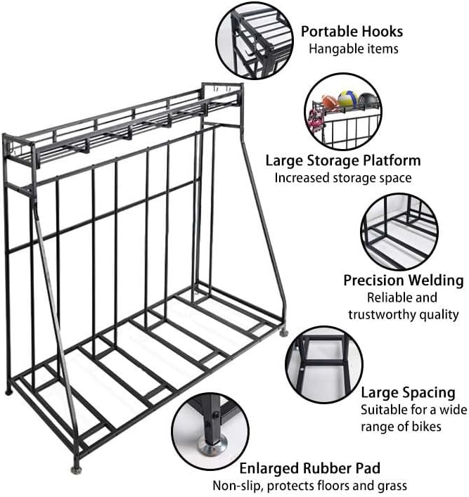 Kapler Bike Stand Rack - 4-Bicycle Floor Parking with Storage Basket & Anti-Slip Base for Garage Backyard Indoor & Outdoor Use - Fits Mountain Road & Hybrid Bikes