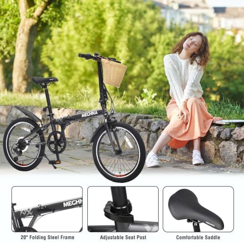 20 Inch Folding Bike for Adults with Basket, Phone Holder & Fenders, Steel Frame 6-Speed City Commuter, Dual V-Brake Portable Compact Bicycle for Men & Women