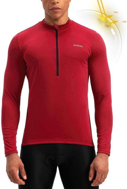 Bikewa Men's Cycling Jersey with 3+1 Rear Zipper Pockets Long Sleeve Moisture Wicking UPF 50+ Half Zip Riding Bike Shirts