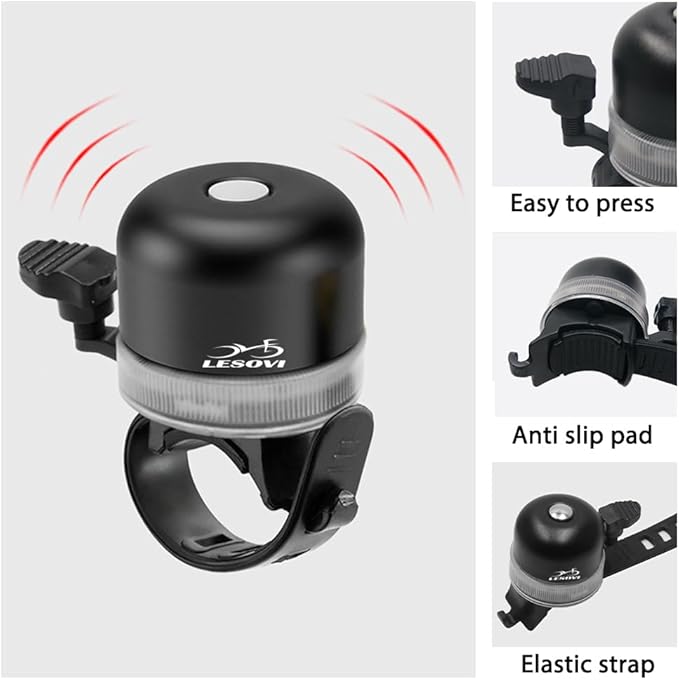 Bike Bell for Kids & Adults, Bicycle Bell for Kids Bikes Accessories Handlebar Mounted 3 Modes Light Clear Crisp Loud Bike Ring, Support Type C Charging