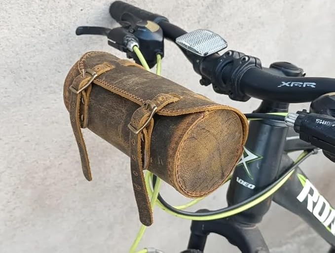 M RUFOUS Genuine Leather Under Seat Handlebar Bicycle Bag - Vintage Brown, Premium Handcrafted Bicycle Bag with Brass Buckle, Leather Bag for Cell Phone (Free Waterproof Cover)