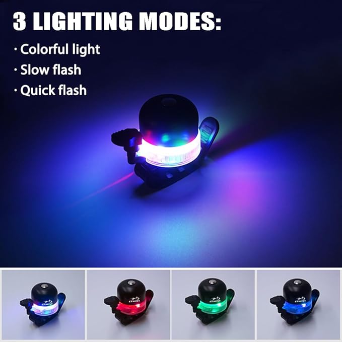 Bike Bell for Kids & Adults, Bicycle Bell for Kids Bikes Accessories Handlebar Mounted 3 Modes Light Clear Crisp Loud Bike Ring, Support Type C Charging