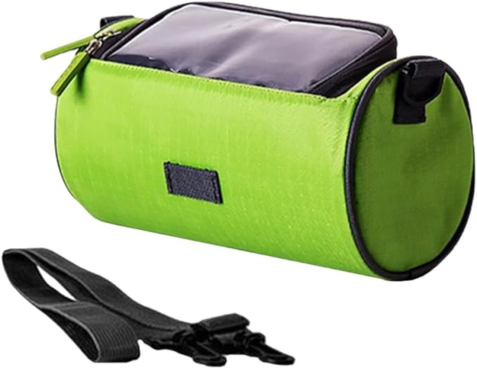 Bike Handlebar Cylinder Pouch Waterproof Front Frame Cellphone Bag with Touchscreen for Mountain Bikes, Portable Cycling Storage in Green