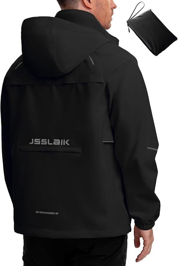 Men's Rain Jacket Waterproof Windproof Breathable for Hiking Cycling Commuting with Hood & Pockets
