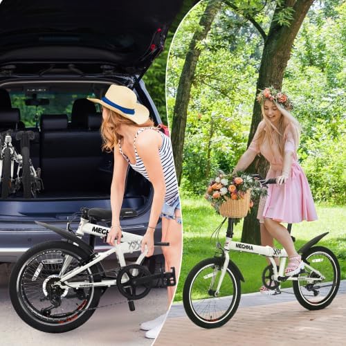 20 Inch Folding Bike for Adults with Basket, Phone Holder & Fenders, Steel Frame 6-Speed City Commuter, Dual V-Brake Portable Compact Bicycle for Men & Women