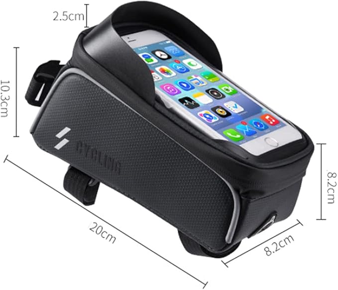 Bike Frame Bag, Bike Phone Mount, Waterproof Bicycle Handlebar Bag Cycling Front Top Tube Pouch Pannier Bike Phone Holder Stand for iPhone 16 15 14 13 12 11 Pro Max XS Samsung Smartphones Below 6.5''